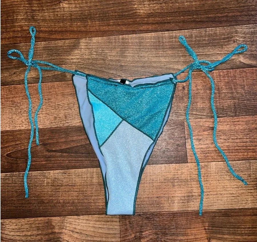 PrettyLittleThing Blue Teal Metallic Patchwork Tie-Side Bikini Bottom