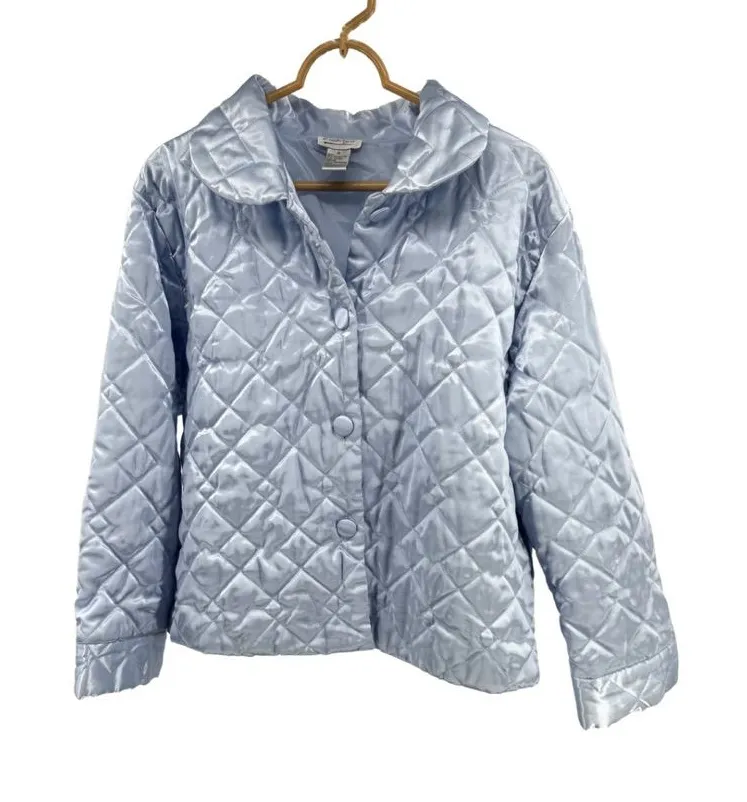 Kathryn Light Blue Quilted Satin Jacket M silky lined button front loungewear Size M