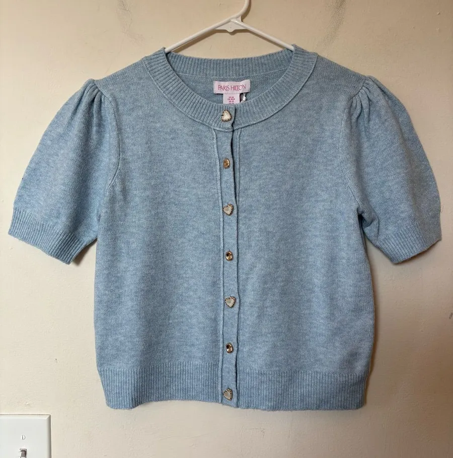 PARIS HILTON NEW Short Puff Sleeve Cropped Cardigan Blue Sz Medium