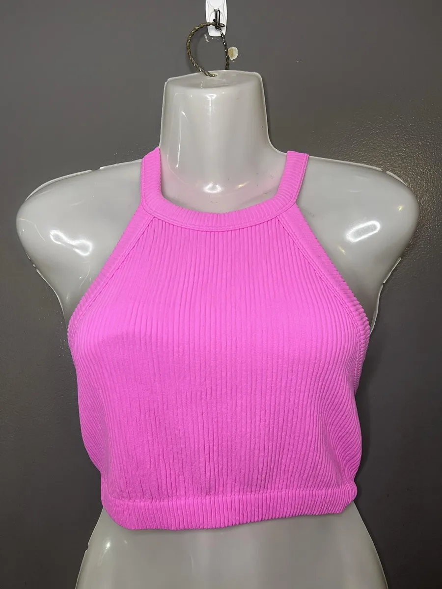 Aerie Sports Bra Womens Small Pink Ribbed Knit High Neck Racerback Cropped