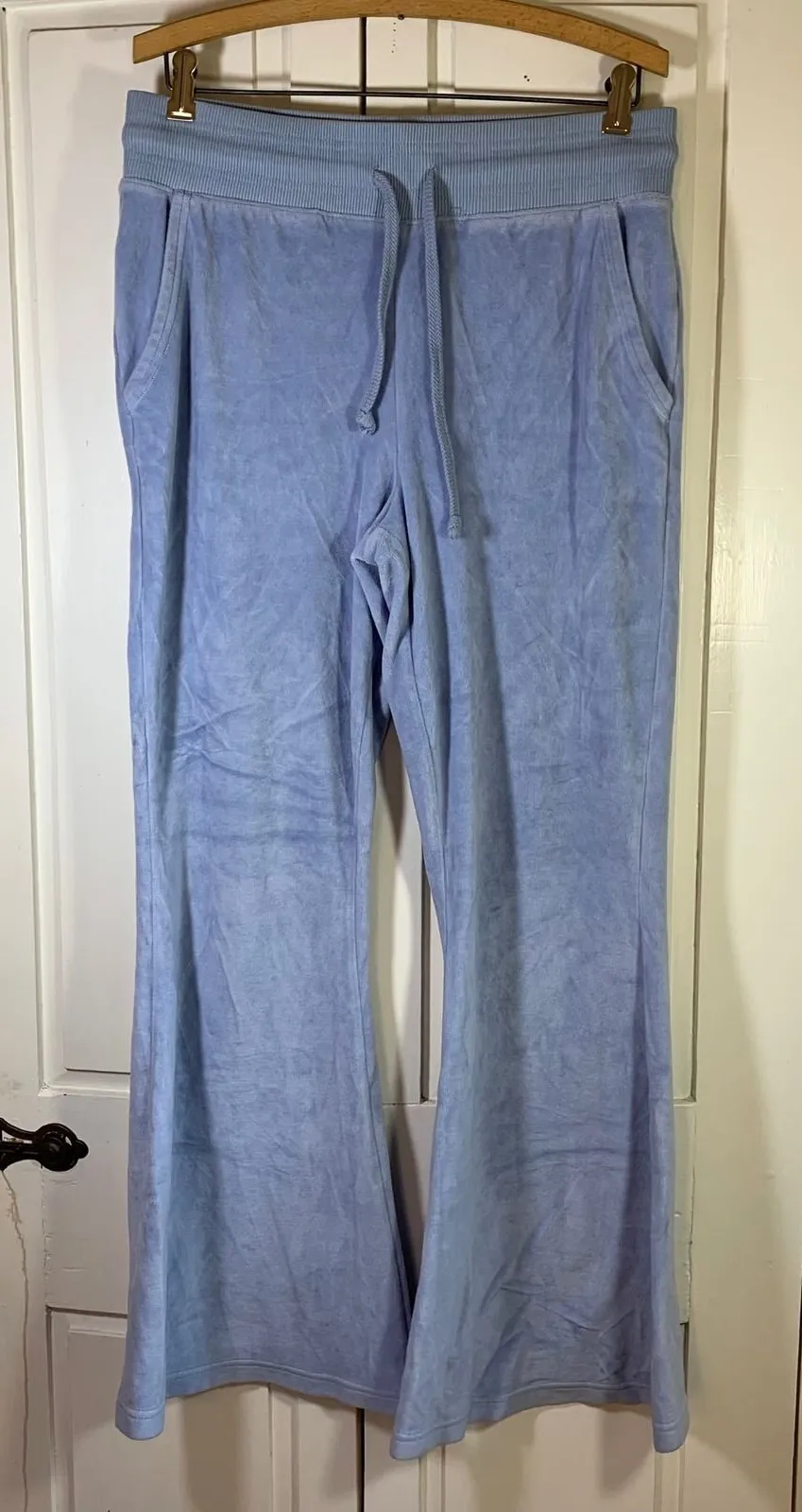 Aerie Womens Medium Velour Flare Leg Drawstring Waist Lounge Pants Blue