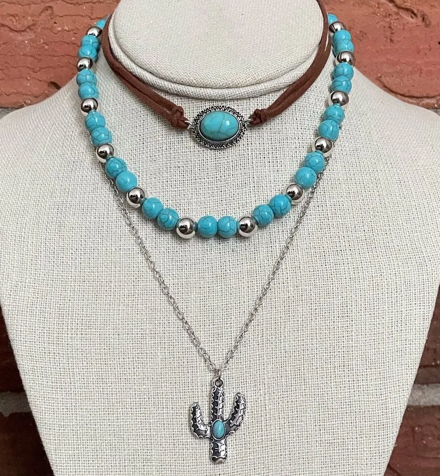 Faux Turquoise Choker and Saguaro Cactus Necklace Set Blue