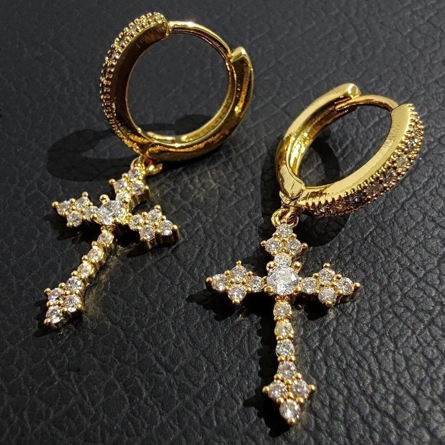 Cross Dangle Drop Earrings for Men Women, Punk Hip Hop Earrings Gold