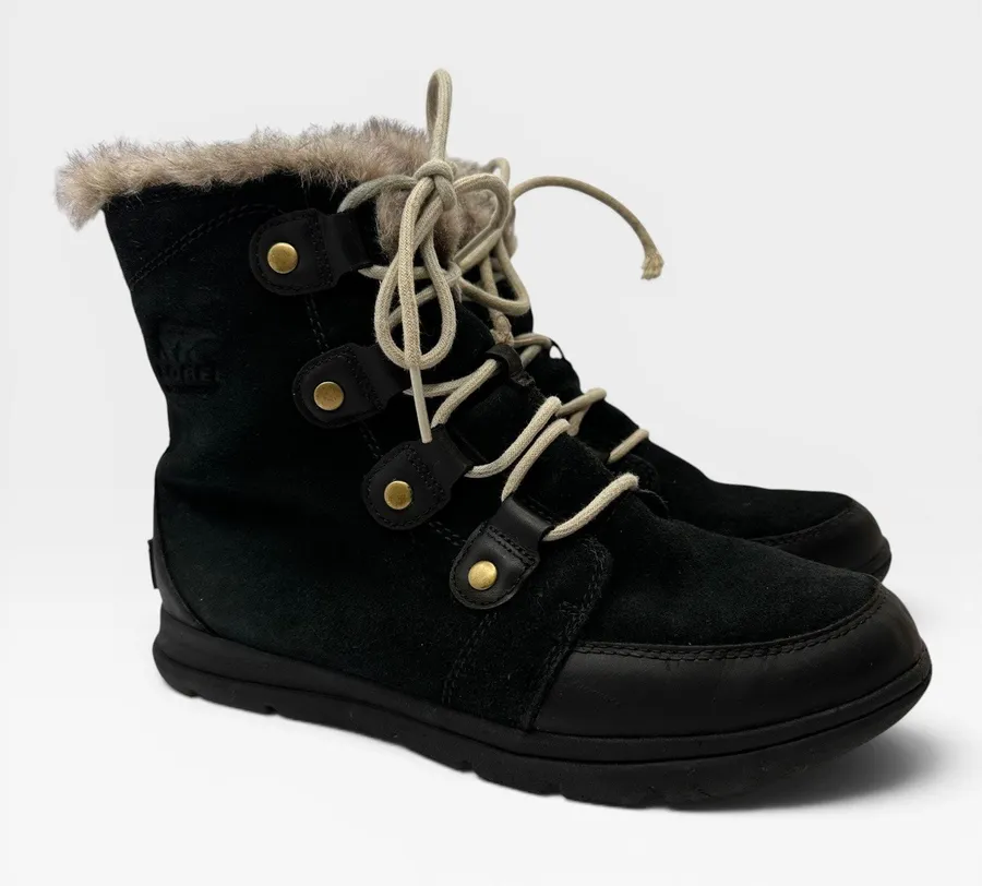 Sorel Explorer Joan Suede Winter Boots Womens Size 10 Black Faux Fur Waterproof