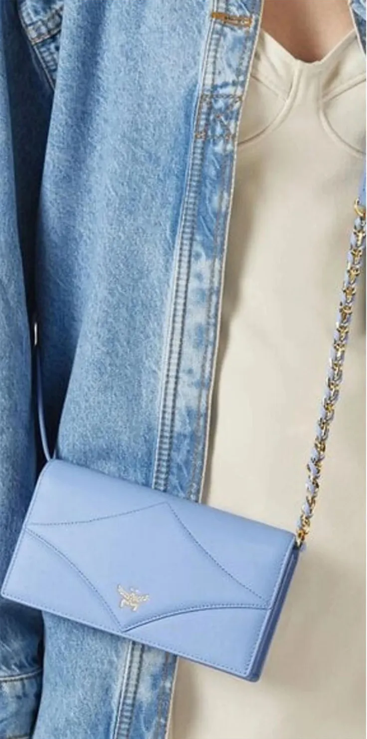 MCM Large Diamond Chain Leather Wallet on a Chain Clutch Della Robbia Blue Gold