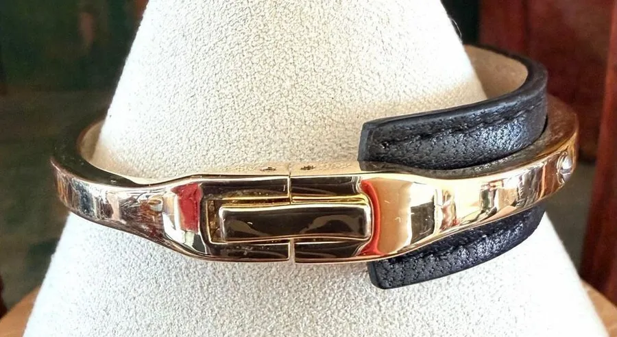 Black Leather & Gold Tone Screw Detail Bangle Bracelet