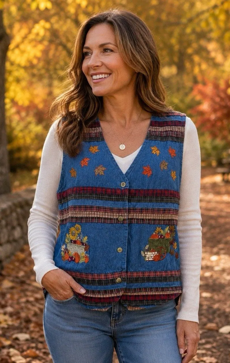 Vtg Patchwork Harvest Fall Sunflower Pumpkin Embroidered Denim Vest Cottagecore Blue Size L