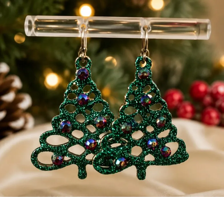 Glitter Christmas Tree Earrings Green Rhinestone Holiday Dangle Jewelry