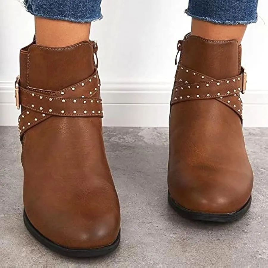Tan Low Ankle Boots Vegan Faux Leather Women's 6.5 Studs Buckle Western Boho Brown