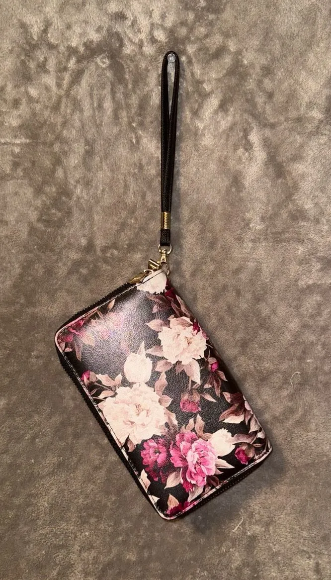 Aldo Womens Wallet Black Floral Zip Around Hardware Card Slots Coin Pocket
