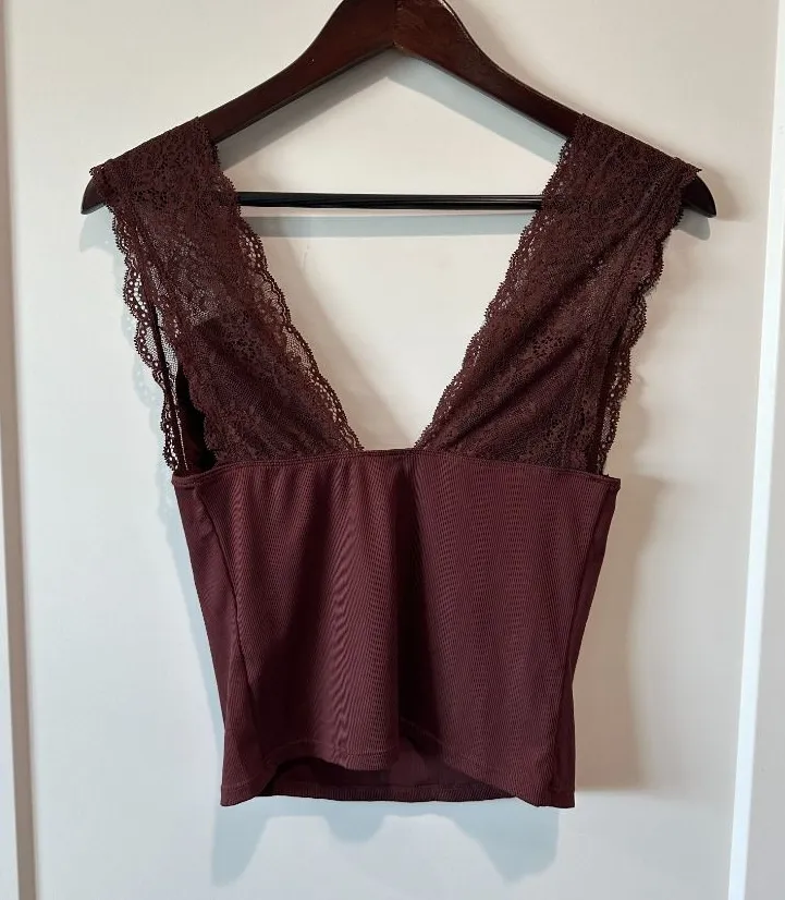 Intimately Free People Brown Lace Plunge V Neck Tank Top Medium