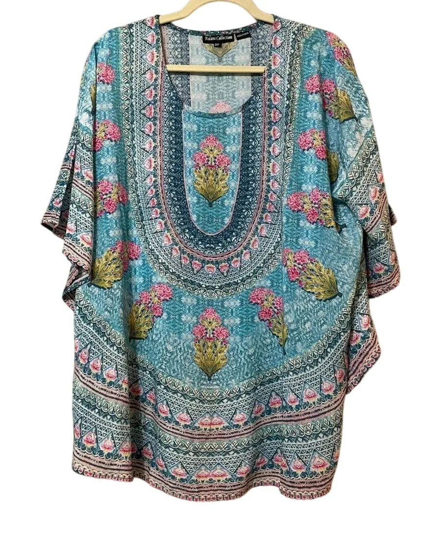 Tolani Collection Blue Floral Swimsuit Coverup Womens M Boho Tunic Pullover