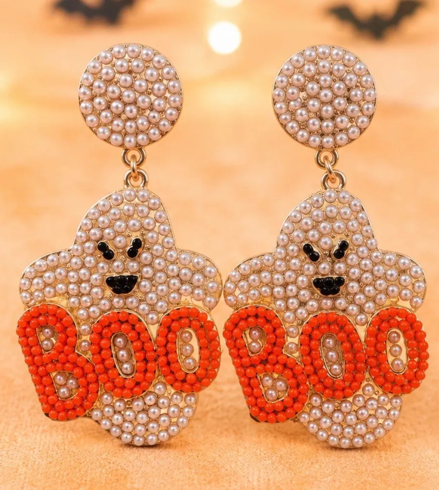 14K Gold-plated Pearl evil Ghost 'BOO' Drop Halloween Earrings-White & Orange