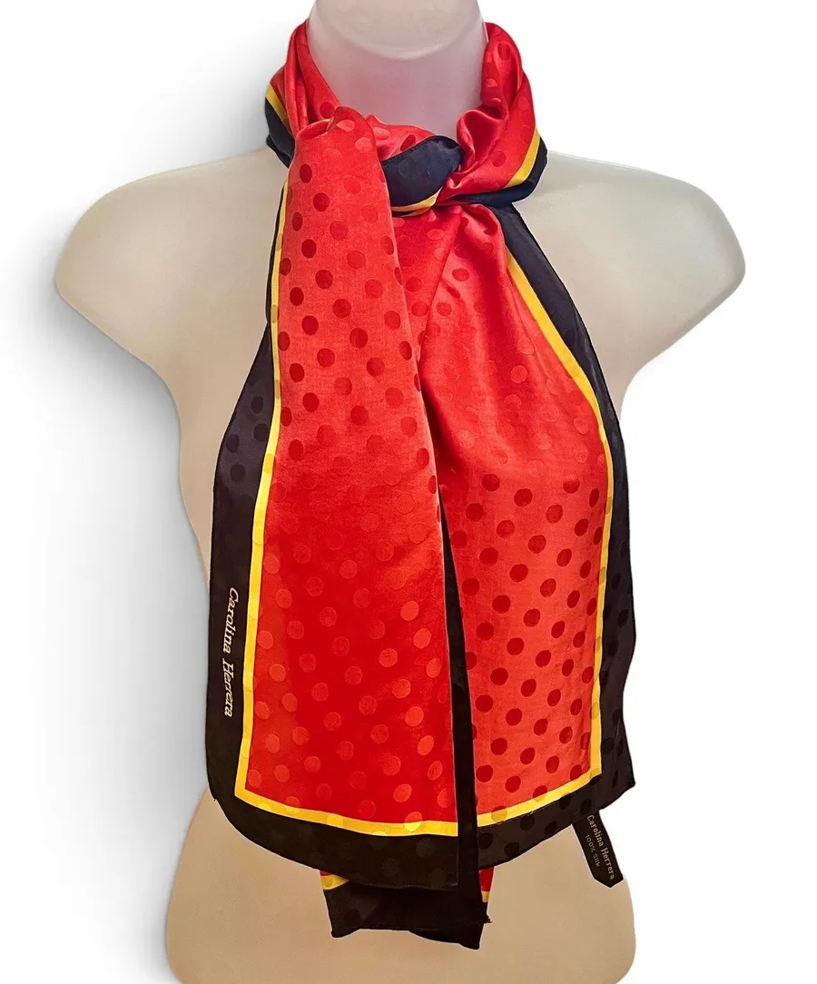 Carolina Herrera Vintage Red Yellow Polka Dot Jacquard Silk Rectangle Long Scarf