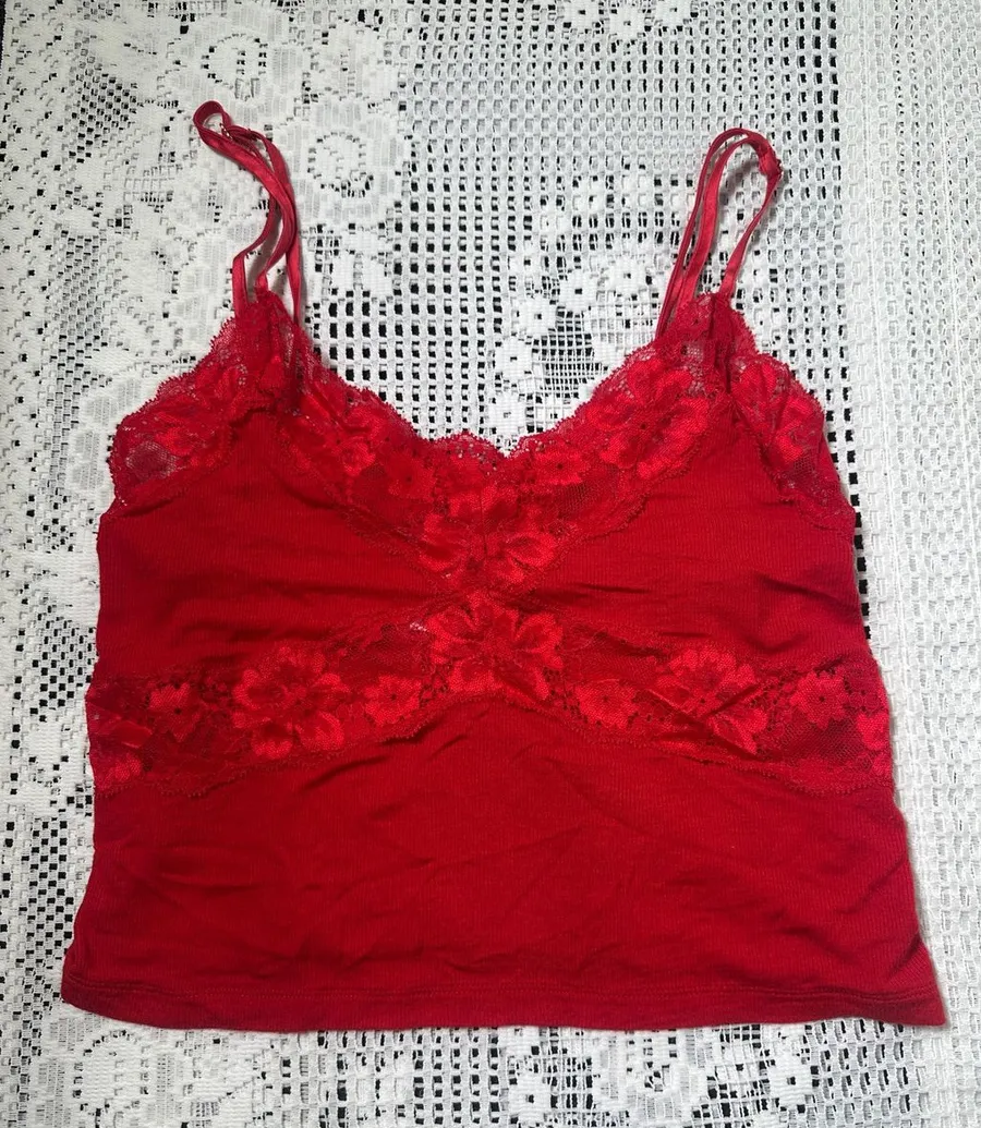 Victorias Secret Red Lace Trim Camisole Top