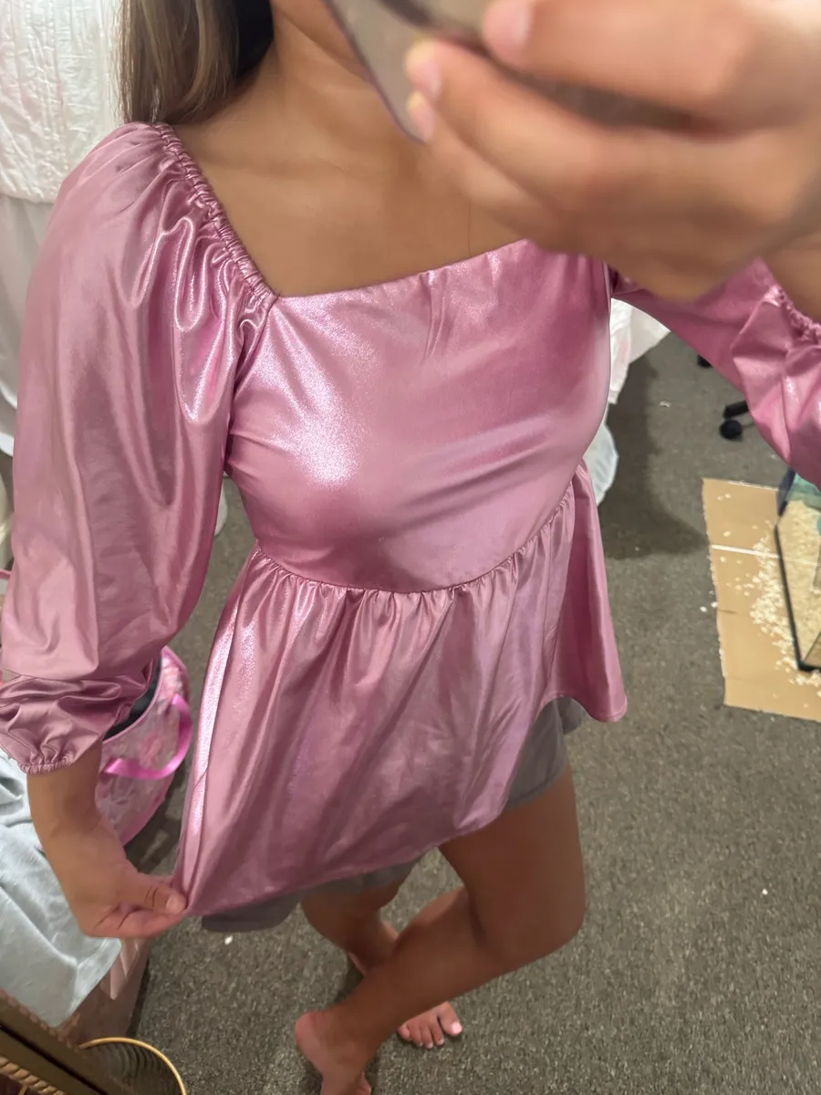 Shimmer Pink Puff-Sleeve Peplum Top