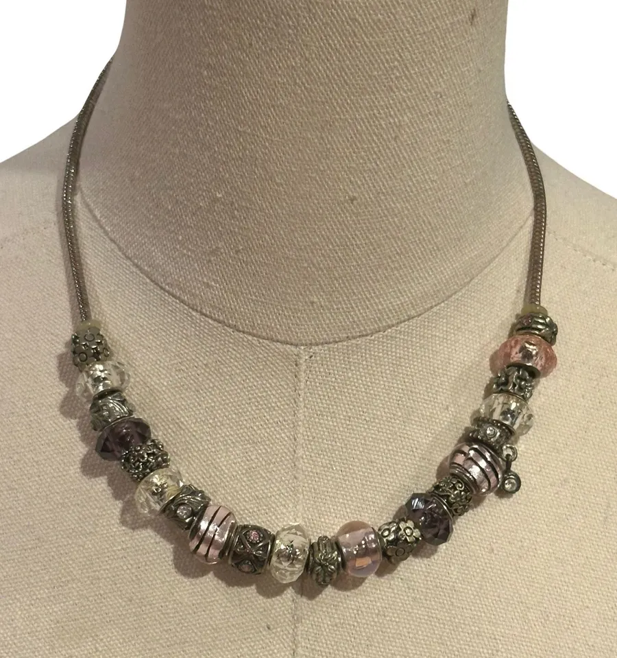 Pandora style Necklace Silver Tone Snake Chain Pink Purple Beads Flower