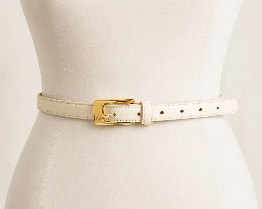 Liz Claiborne Skinny Belt Women M Cream Leather Gold Buckle Classic Vintage USA