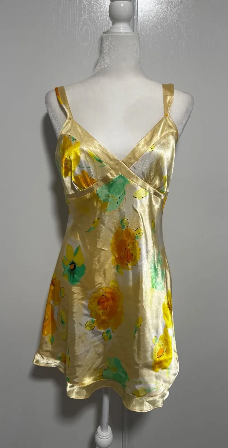 Jones New York Yellow Floral Satin Chemise Nightgown Slip Dress Medium