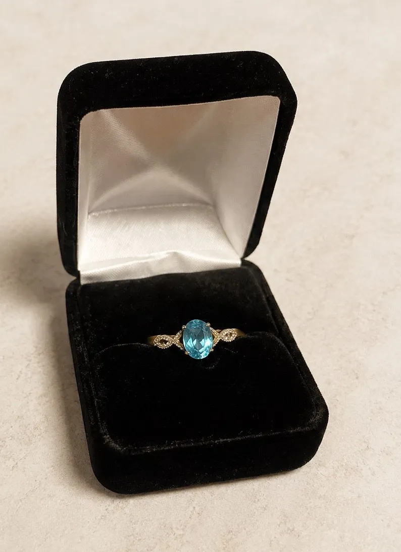 14K Gold Genuine Blue Topaz Diamond Accent Ring Size 8 March Birthstone