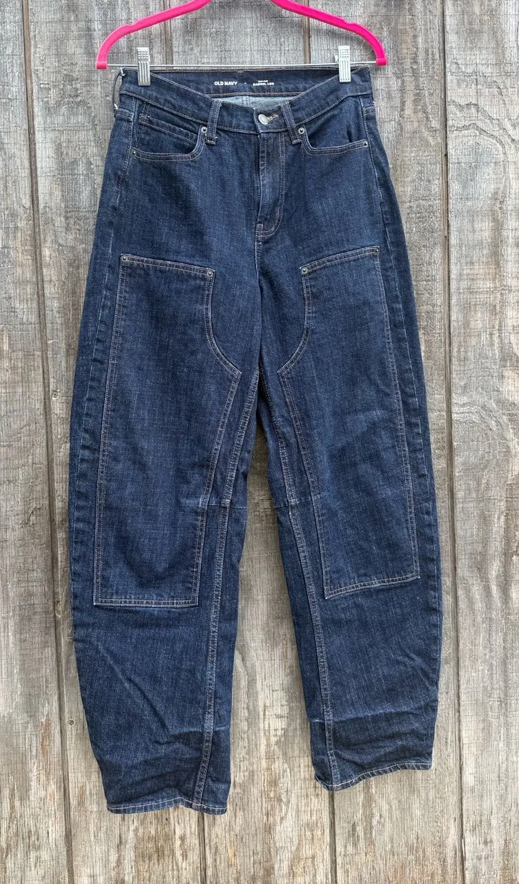 Old Navy Womans High-Rise Curved Barrel Leg Baggy Utility Jeans Sz 4 Dark Wash