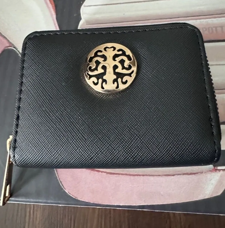Black Women's Zip Wallet with Gold Medallion