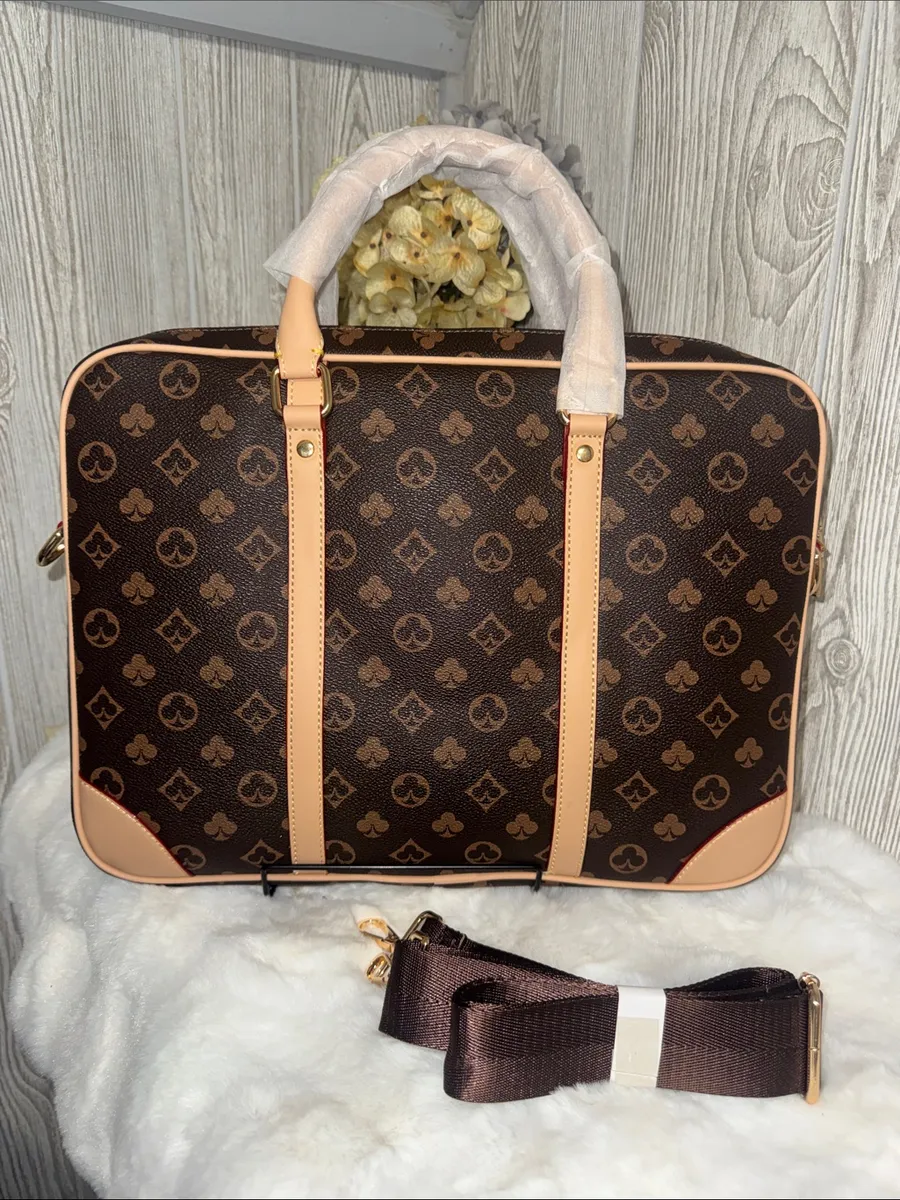 Dark Brown Monogram Laptop Briefcase with Tan Trim