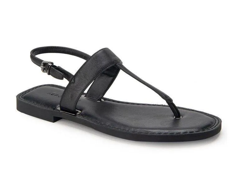 Aerosoles Cherry Black Leather Flat Sandals Size 8 Adjustable Sling Back Thongs