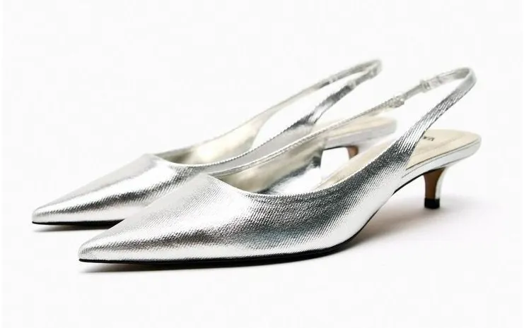 Zara Slingback Kitten Heels Women 6.5 Silver NEW Pointed Toe Metallic Pumps