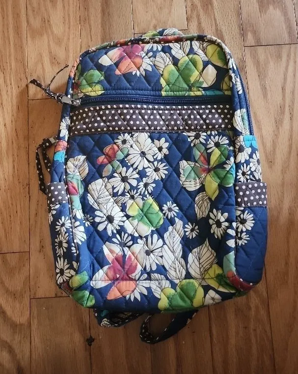 Quilted Backpack Womens Navy Blue Floral Polka Dot Zipper Boho
