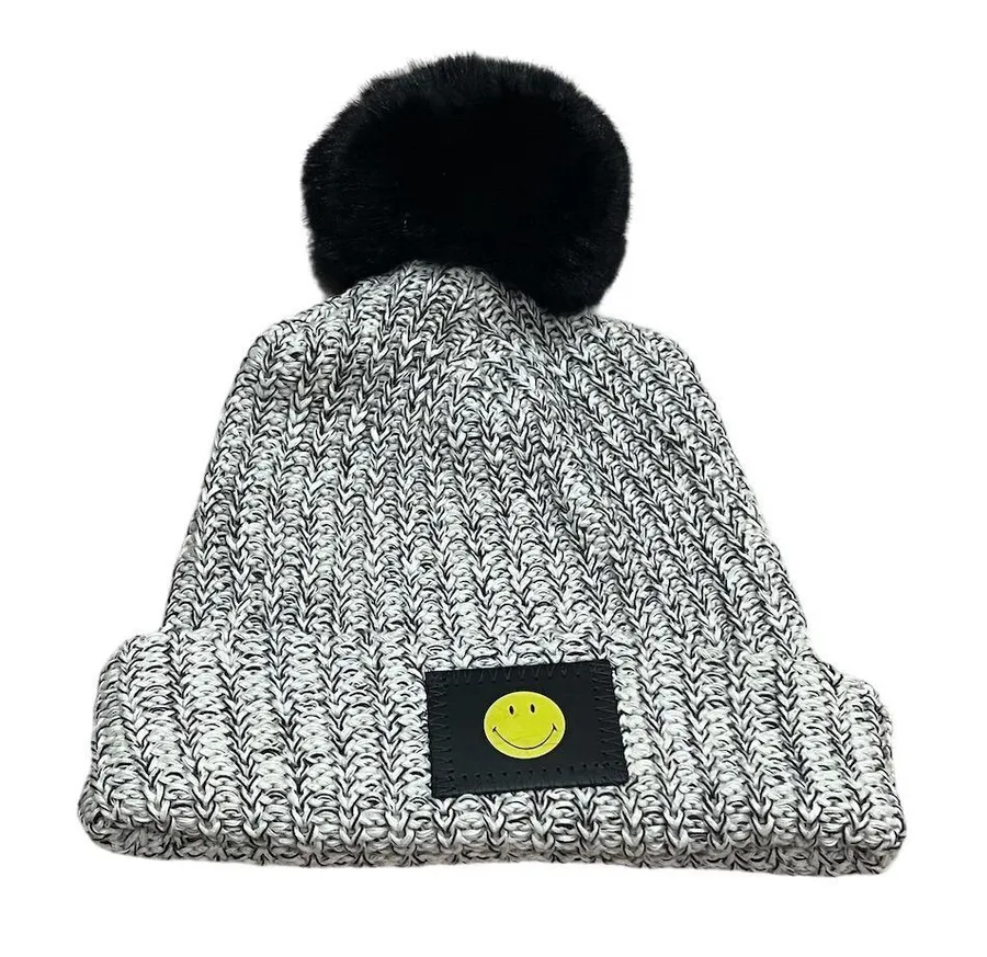 Love Your Melon Smiley Black Knit Beanie w/ Removable Puff Unisex