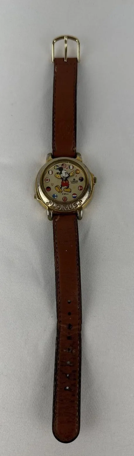 Vintage Lorus Seiko Mickey Mouse Watch Musical It's Small World Brown Band