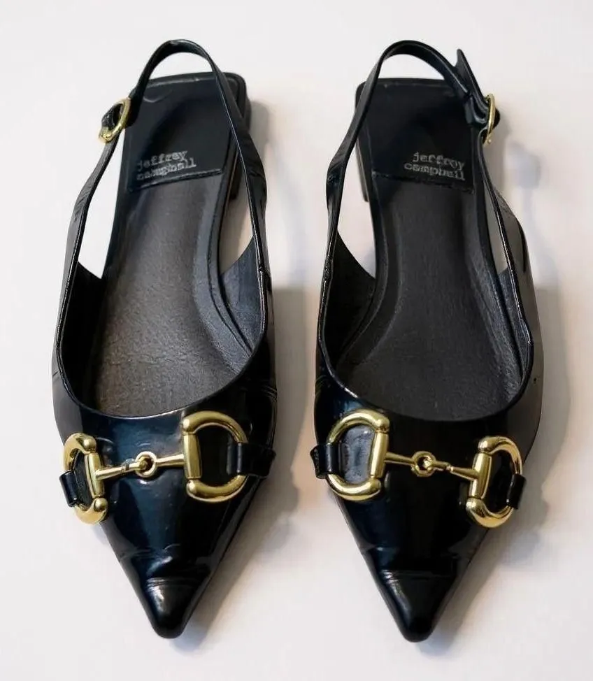 Jeffrey Campbell Black Patent Leather Slingback Flats Gold Hardware Pointed Toe