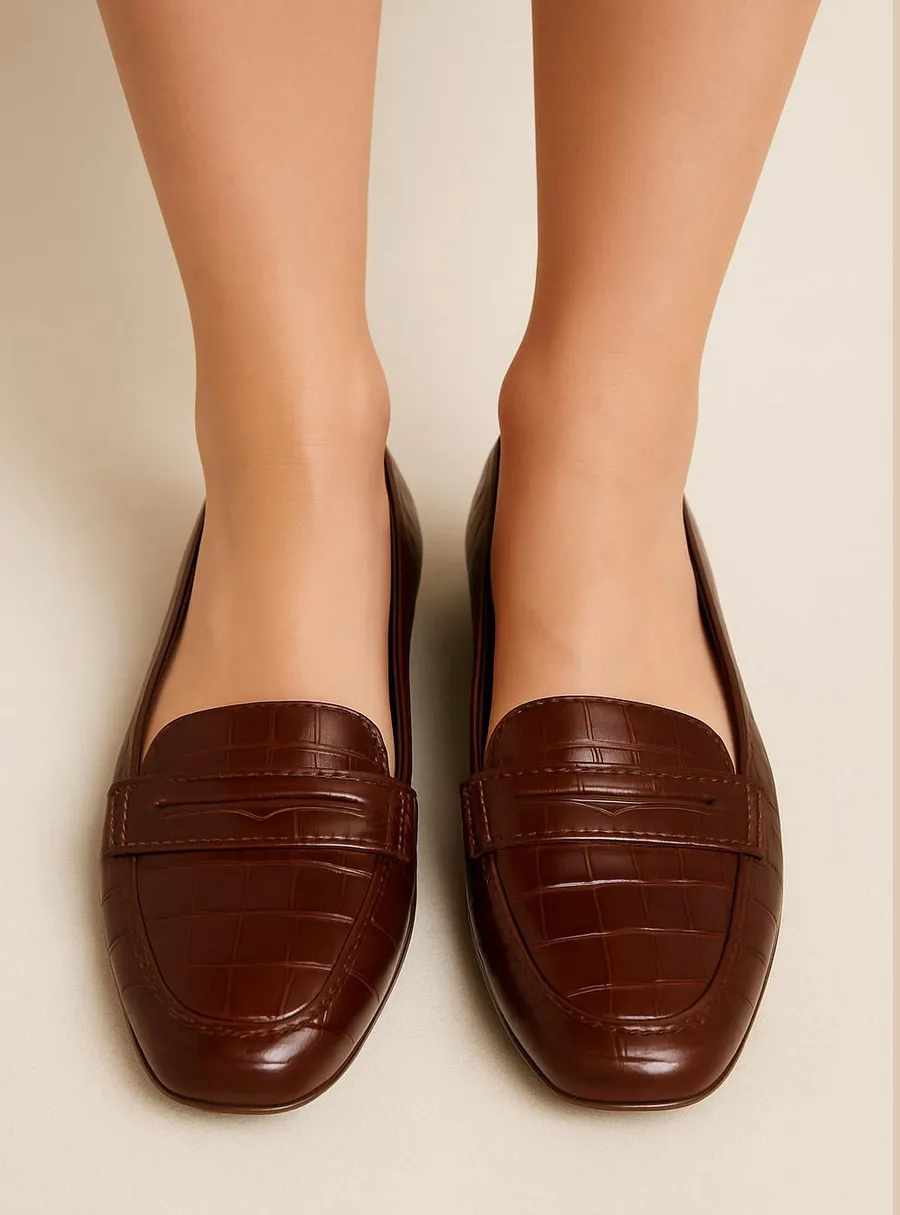 Anne Klein Brown Croc-Embossed Loafers