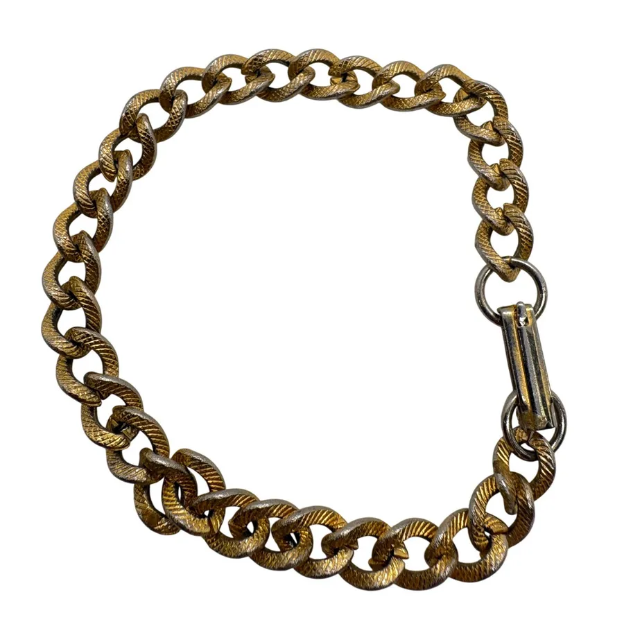 Vintage Gold Plated Textured Curb Link Charm Bracelet Fold Over Clasp 7 Inch