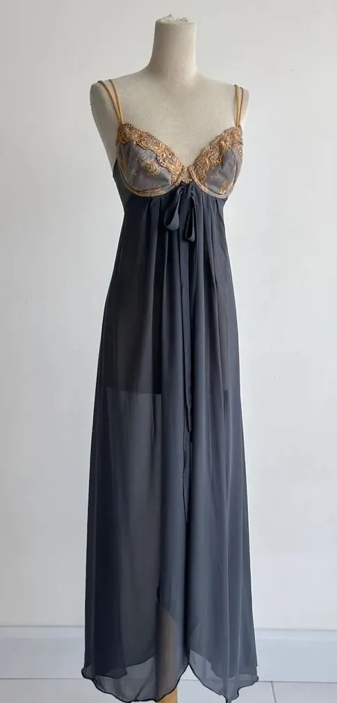 Vintage Victoria’s Secret Regal Blue Luxury Lace Chiffon Slip Gown Lingerie XL