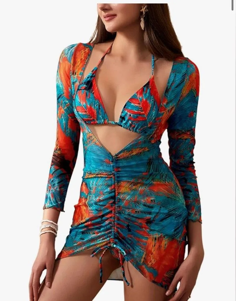 NEW Swimsuit Floral Print Bathing Suit Beach Cover Ups M Orange Size M