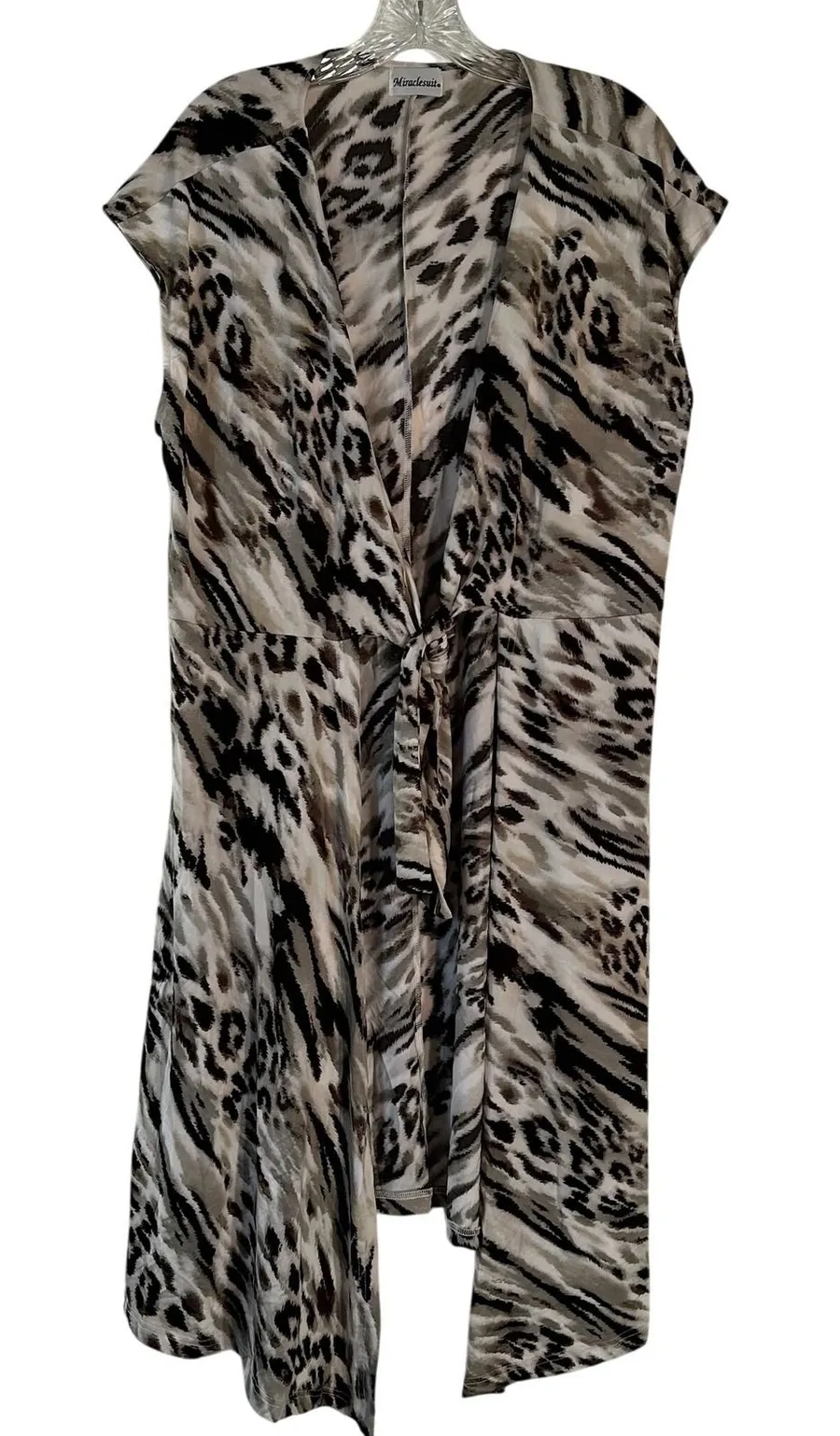 Miraclesuit Animal Print Swim Cover Up Dress Brown Tan V-Neck Front Tie 22x40