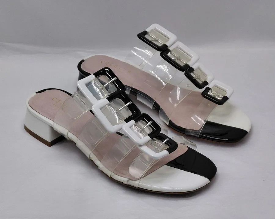 Cecelia New York Womens Slide Sandals Sz 6 Mod Black White Clear Retro Chic