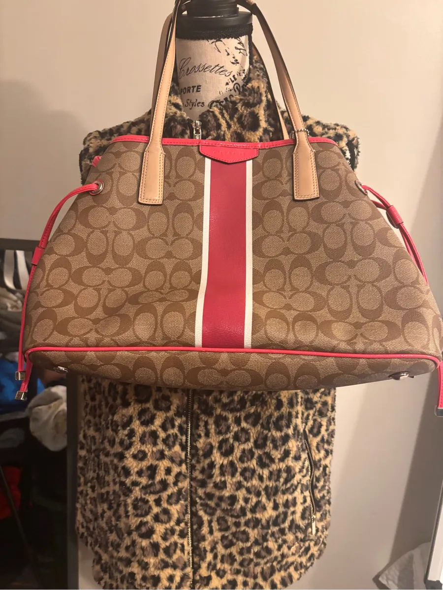 Coach Tan Monogram Tote with Red and White Center Stripe