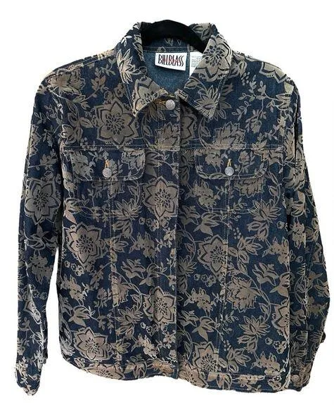 Bill Blass Vintage Denim Floral Contrast Chore Jean Jacket Size M