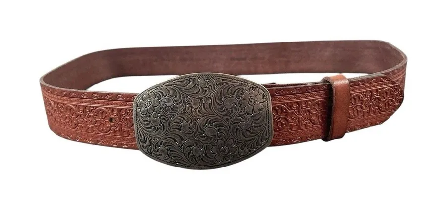 Vintage 1994 Embossed Leather Western Belt Floral Scroll Buckle Brown L