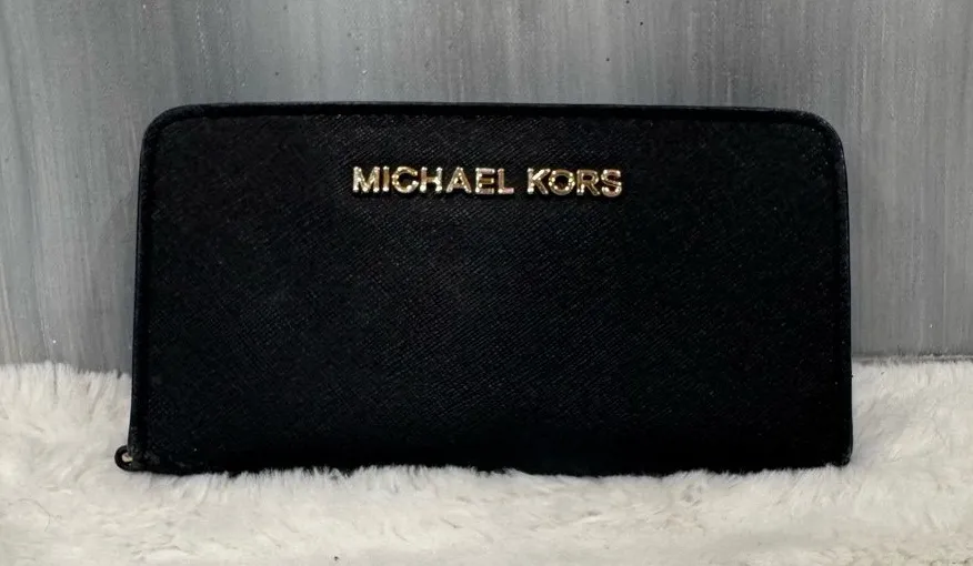 Michael Kors Black Saffiano Zip Wallet with Gold