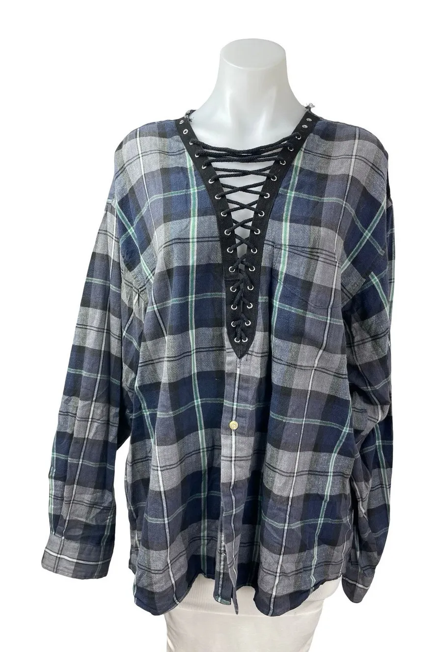 Furst of a Kind Plaid Check Flannel Long Sleeve V Neck Lace Up Shirt Top Sz L/XL