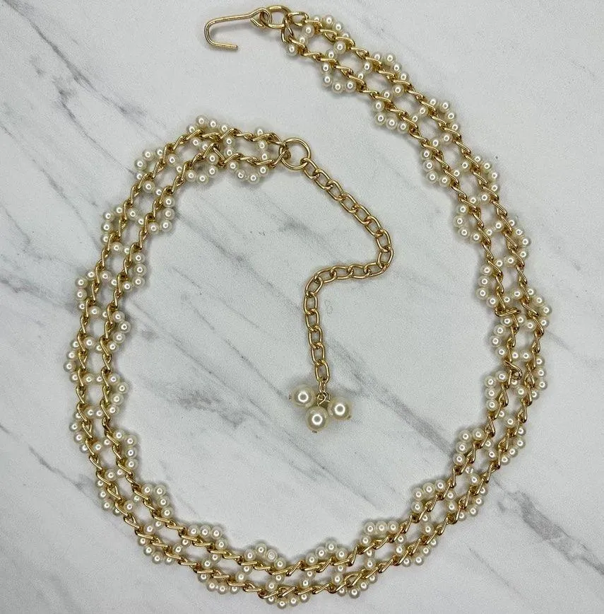 Faux Pearl Beaded Gold Tone Chain Belt XS/Small (XS/S) Elegant ✨