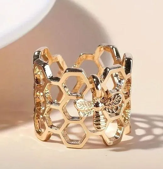 Adjustable Gold Honeycomb Bee Ring