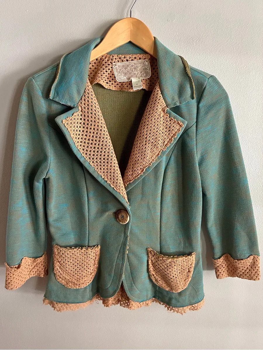 Nick & Mo Teal Crochet Lace Blazer Jacket Small Y2K Boho Artsy Cottagecore Blue
