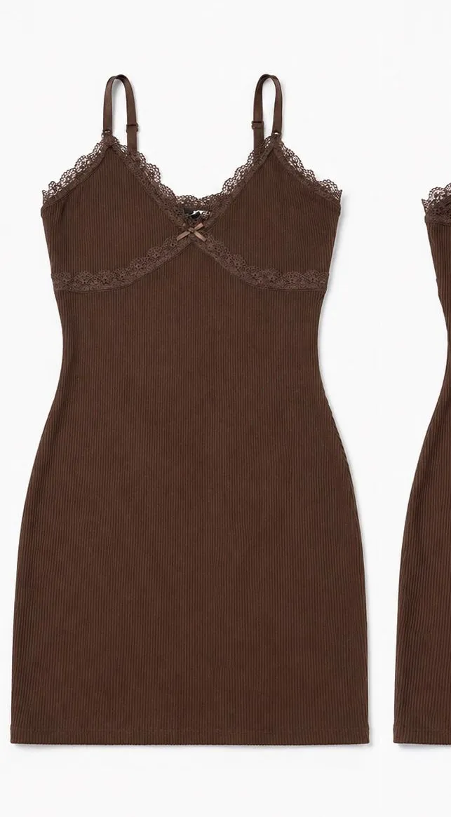 H&M Brown Lace Trim Ribbed Mini Dress
