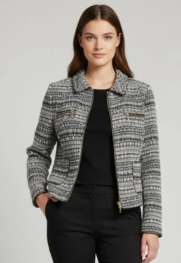 Zara Cropped Zipped Tweed Blazer Cream Black Sz Large preppy academia office