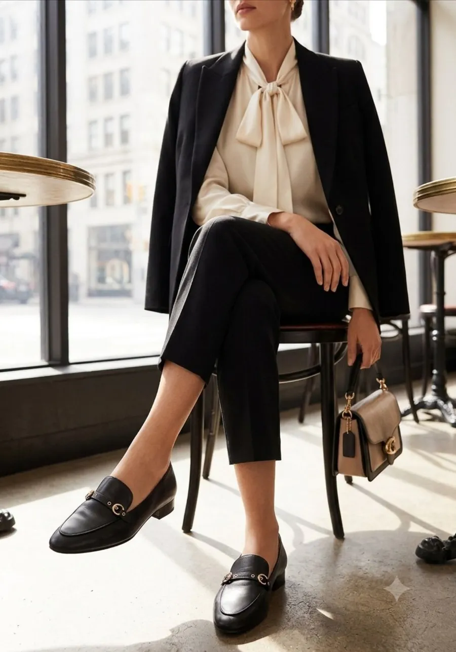 Coach Isabel Black Leather Loafers Pointed Toe Slip On Flats.